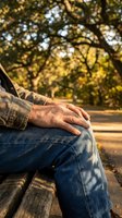 Man relaxing on wooden bench in autumn park with warm sunlight filtering through golden foliage creating peaceful outdoor atmosphere for wellness concepts.