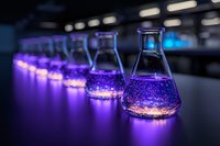 Laboratory flasks with glowing purple liquid arranged in row on dark surface, creating mystical scientific atmosphere with dramatic lighting and bokeh effect.