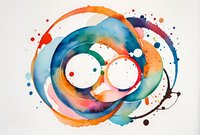 Vibrant watercolor circles in blue, orange and pink create dynamic motion with splattered paint drops on white background, abstract fluid art suitable for modern decor.