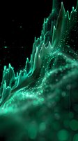 Green glowing financial chart with bokeh effect showing market growth trend on dark background, digital visualization of stock market data analysis.