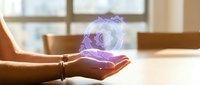 Young woman with medium skin tone holding glowing purple digital rose hologram in palm, wearing gold bracelet, modern technology and innovation concept for business and design projects.