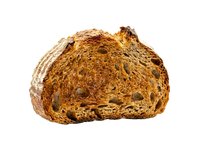 Whole grain bread slice with seeds and nuts isolated on white background, ready for food photography, bakery design, and culinary content use.