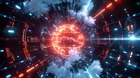 Futuristic digital sphere with glowing red energy core surrounded by technological interface elements and light streaks in dark space environment.
