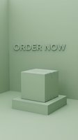 Cardboard box on a minimal green podium with Order Now text, monochrome sage studio scene for e-commerce, delivery and shopping promotions.