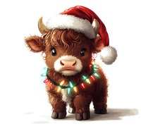 Adorable brown highland cow calf wearing Santa hat and colorful Christmas lights garland, fluffy fur and big eyes on white background, festive holiday character.