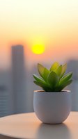 Succulent plant in white ceramic pot against urban sunset skyline background, creating peaceful minimalist composition with soft golden light and blurred cityscape.