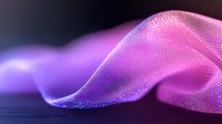 Flowing digital particle wave in pink and purple gradient colors creates dynamic motion effect against dark background. Abstract technology concept.