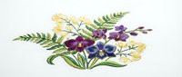 Embroidered floral bouquet with purple pansies, yellow mimosa and green ferns on white fabric. Decorative needlework design for textile crafts and sewing projects.