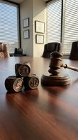 Wooden gavel and legal stamps on conference table in law office with natural sunlight streaming through blinds creating dramatic shadows.