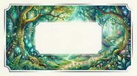 Enchanted forest frame with mystical trees, magical foliage and fairy tale atmosphere. Fantasy woodland border with emerald greens and golden light for storytelling.