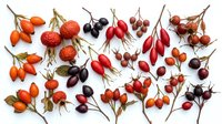 Autumn wild berries and rosehips collection isolated on white background. Seasonal harvest of colorful natural fruits and seeds for herbal medicine.