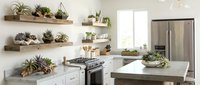 Modern kitchen interior with floating wooden shelves displaying succulent plants and white cabinets with stainless steel appliances for home design.