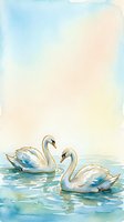 Pair of white swans swimming together in calm water with soft watercolor sky, ideal for greeting cards, wall art, and peaceful nature designs.