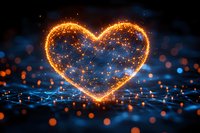 Glowing heart shape formed by connected light particles and sparkles on dark background with blue bokeh effect creates romantic atmosphere.