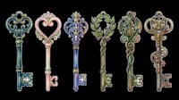 Ornate vintage keys with decorative heads isolated on transparent background, ready for clipart, t-shirt design, stickers, print-on-demand products, and sublimation projects.