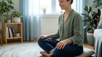Young Caucasian woman practicing mindfulness meditation at home sitting cross-legged on floor in bright living room with plants for wellness and relaxation.