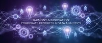 Glowing light bulbs and gears symbolize corporate innovation, data analytics, and business progress with interconnected network lines on dark blue background.