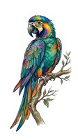 Colorful macaw parrot perched on branch with vibrant blue, green, orange and yellow plumage. Isolated artwork for design, print and decoration projects.