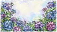 Watercolor hydrangea border frame with blue, purple, and green blooms on soft white background, copy space for text or greeting card design.