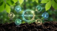 Wellness concept with digital icons on natural green background showing health, fitness, mental wellbeing and relaxation symbols for holistic lifestyle.