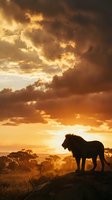 Majestic lion silhouette standing on rocky outcrop against dramatic golden sunset sky in African savanna landscape with acacia trees and storm clouds.