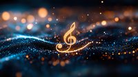 Glowing golden treble clef symbol floating over shimmering blue particles with magical bokeh lights and sparkles in dark background for music themes and events.
