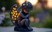 Illuminated garden angel statue with glowing wings at dusk, creating magical atmosphere in garden setting. Decorative cherub figure sits peacefully against blurred bokeh background.