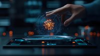 Futuristic holographic display showing glowing virus cell with hand reaching towards interactive medical interface against dark background with bokeh lights.