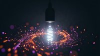 Glowing light bulb surrounded by swirling energy particles and bokeh lights on dark background. Creative innovation and bright ideas concept for business presentations.