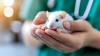 White laboratory mouse held gently in female hands against blurred medical background with stethoscope. Veterinary care and research concept shows trust and careful handling.