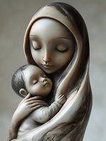 Stone sculpture depicting a woman of indeterminate ethnicity holding an infant child, both with serene closed eyes. The carved figures showcase tender maternal affection through gentle embrace and flowing drapery. Suitable for religious art, family themes, and spiritual symbolism projects.