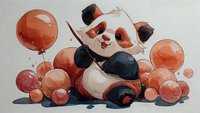 Cute panda character sitting among colorful balloons in watercolor style for children's designs and nursery decor.