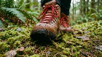 Hiker wearing red lace-up boots standing on moss-covered ground in forest, close-up of footwear during outdoor adventure and trekking activity.