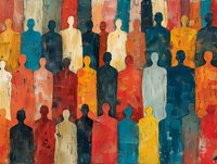 Colorful abstract painting of diverse human silhouettes standing together, representing unity, diversity, and community in a vibrant textured style.