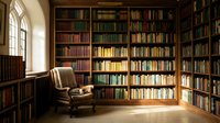 Cozy home library with floor-to-ceiling wooden bookshelves filled with colorful books, comfortable leather armchair by arched window with natural light streaming in.