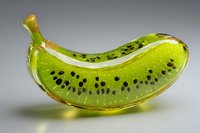 Artistic glass sculpture of banana-shaped kiwi fruit hybrid with translucent green exterior and black seeds against neutral gray background.