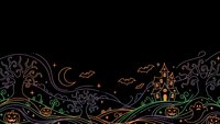 Halloween night landscape with haunted house, pumpkins, bats and decorative swirls on black background for seasonal design and party invitations.