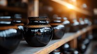 Rows of black ceramic vessels with lids arranged on wooden surface, warm golden sunlight streaming through, shallow depth of field with focused foreground jar, blurred background vessels, rustic pottery workshop or storage setting.
