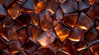 Amber colored ice cubes with glowing backlight creating dramatic shadows and reflections, abstract pattern of frozen blocks in dark brown tones.