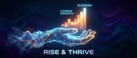 Digital hand holding glowing bar chart with success and career growth text on dark blue background with flowing energy particles and rise thrive message.
