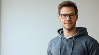 Young Caucasian male professional wearing glasses and grey hoodie smiling confidently against light wall background, modern casual business portrait for corporate and lifestyle media.