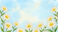 Watercolor daisy flowers border on soft blue sky background with copy space for text, spring and summer floral greeting card design.