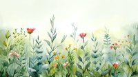 Delicate watercolor wildflower meadow with pink blooms and green foliage against soft misty background, creating serene botanical landscape.