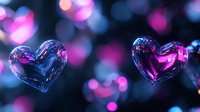 Glowing glass hearts with pink and blue illumination floating on dark background with colorful bokeh lights creating romantic atmosphere.