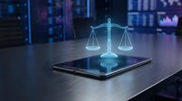 Digital justice scales hologram emerging from tablet screen in modern office environment representing legal technology and law firm innovation.