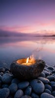 Stone oil lamp burning on pebble beach at sunset with purple pink sky reflecting on calm water creating peaceful meditation atmosphere.