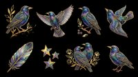 Starling birds with iridescent plumage in various flying and perched poses, isolated on transparent background. Ready for t-shirt design, clipart, stickers, sublimation, and print-on-demand projects.