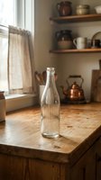 Empty glass bottle on wooden kitchen table with open shelving displaying vintage kitchenware, natural window light, rustic home interior styling.