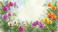 Watercolor orchid frame with colorful tropical flowers in pink, purple, orange and yellow on soft green background with copy space.