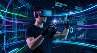 Young man wearing VR headset interacting with holographic data interfaces and digital charts in futuristic virtual reality environment for business analytics.